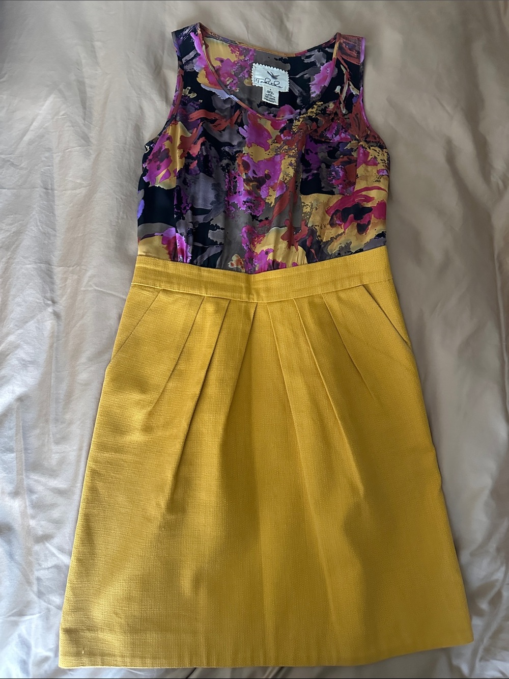 Tabitha from Anthropologie Floral Colorblock Mini Dress in Yellow and Purple